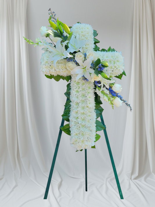 Blue and white standing cross