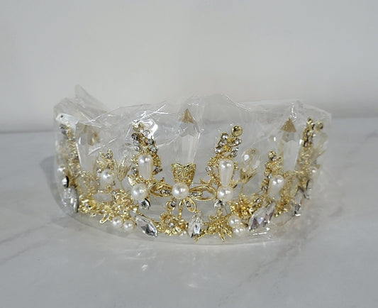 Large Gold Rhinestone and Pearl Crown