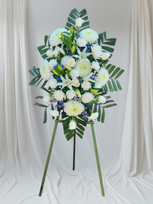 White and blue standing spray